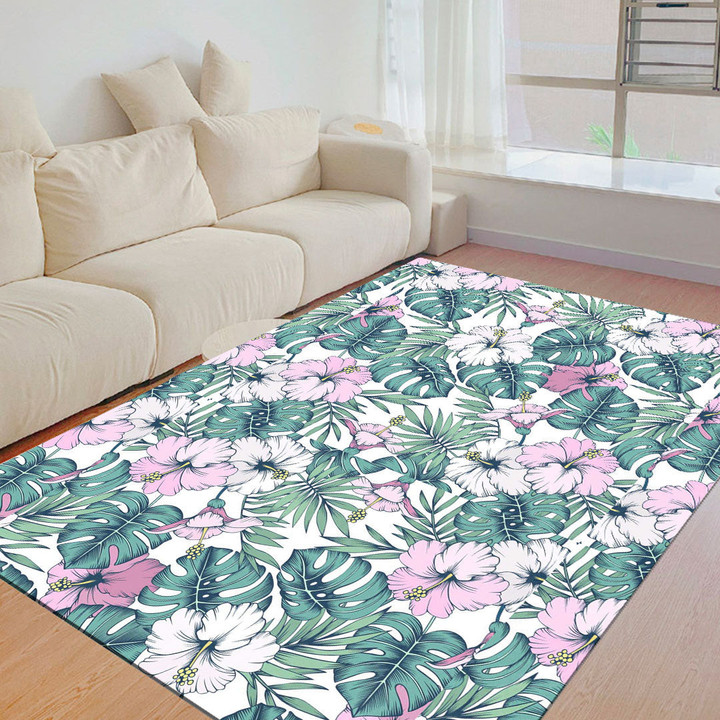Floor Mat - Hibiscus Flowers Palm Tropical Pattern Foldable Rectangular Thickened Floor Mat A7 | 1sttheworld