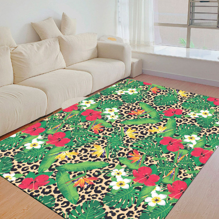Floor Mat - Tropical Flowers And Leaves On Leopard Foldable Rectangular Thickened Floor Mat A7 | 1sttheworld
