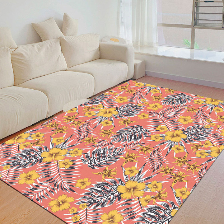 Floor Mat - Tropical Leaves Yellow Flowers Hibiscus Lily Foldable Rectangular Thickened Floor Mat A7 | 1sttheworld