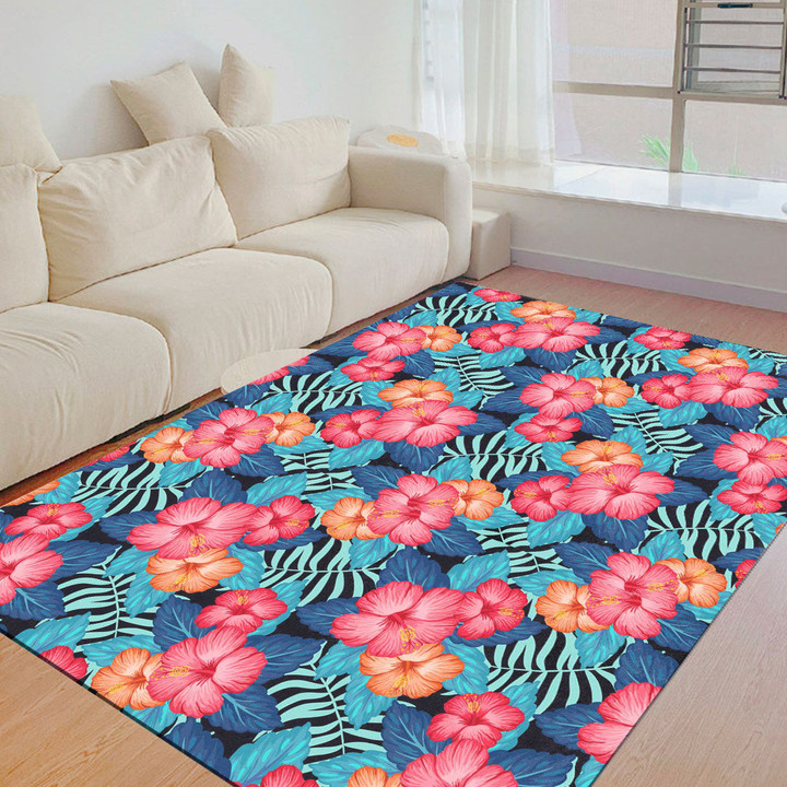 Floor Mat - Tropical Plants And Hibiscus Flowers Foldable Rectangular Thickened Floor Mat A7 | 1sttheworld