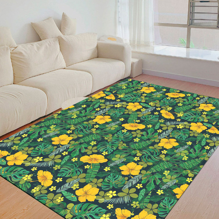 Floor Mat - Yellow Flowers Palm Leaves Jungle Leaf Foldable Rectangular Thickened Floor Mat A7 | 1sttheworld