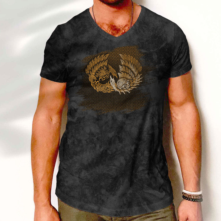 V-Neck T-Shirt - Ragnarok Huginn Muninn Gold V-Neck T-Shirt A7 | 1sttheworld