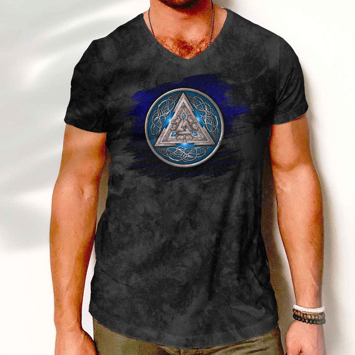 V-Neck T-Shirt - Norse Triskele Valknut Shield In Silver And Blue V-Neck T-Shirt A7 | 1sttheworld