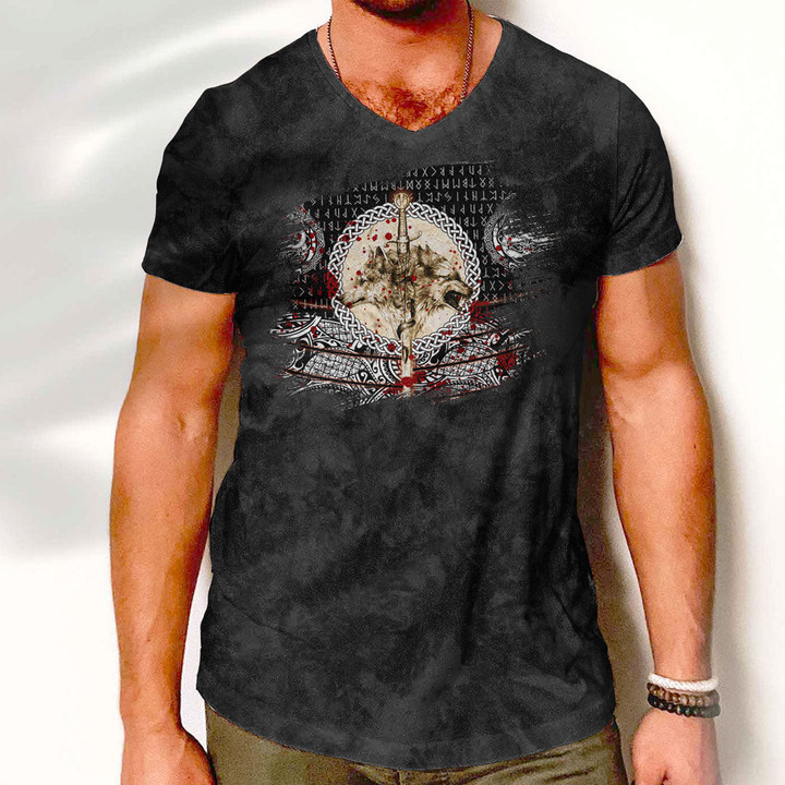 V-Neck T-Shirt - Wolf And Vikings Tattoo Blood Style V-Neck T-Shirt A7 | 1sttheworld