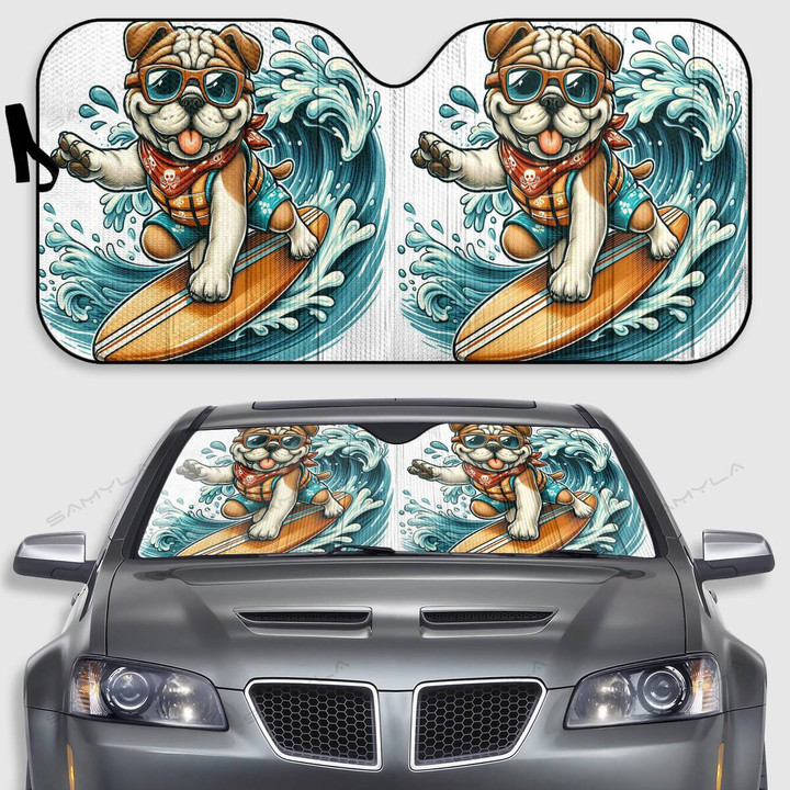 Funny Bull Dog Surfing Pattern Car Sun Shades