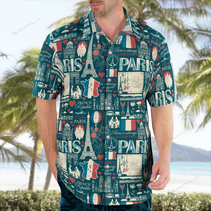 France and Paris Landmarks Vintage Hawaiian Shirt Beach Shirt Gift For Men and Women