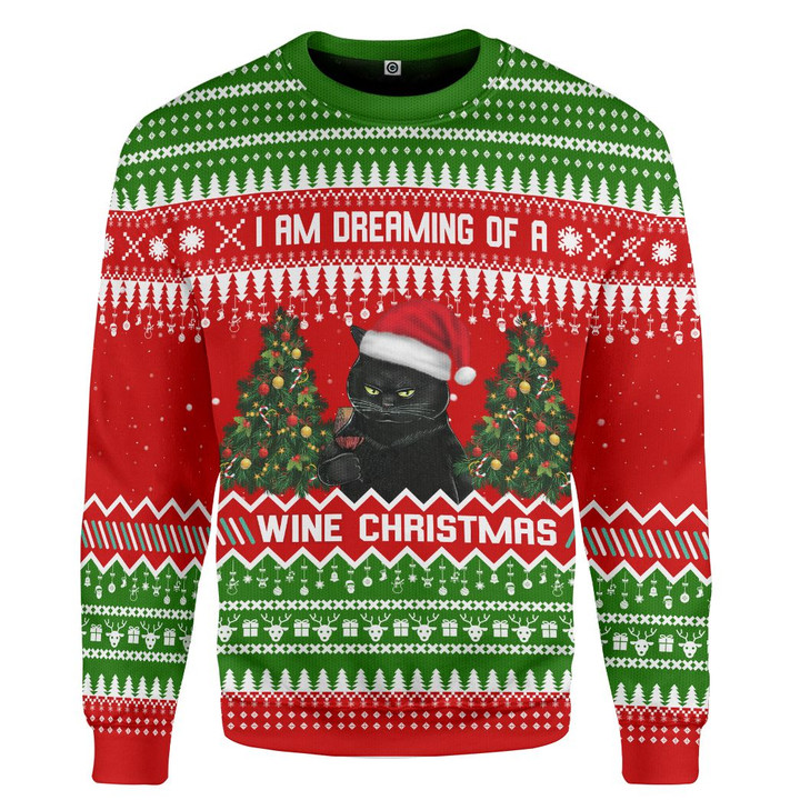 Flowermoonz 3D Im Dreaming Of A Wine And Cat Ugly Christmas Custom Hoodie Tshirt Apparel