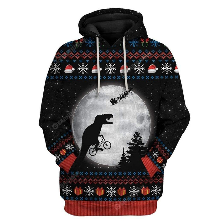 Flowermoonz Ugly T Rex chasing Santa To The Moon Custom Hoodie T-Shirts Apparel