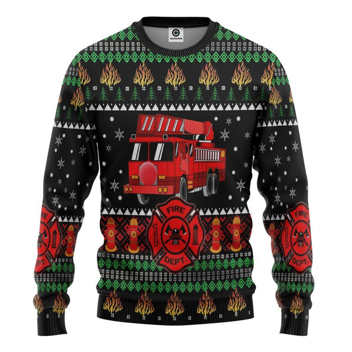 Flowermoonz 3D Firefighter Truck Ugly Christmas Sweater Custom Sweatshirt Apparel