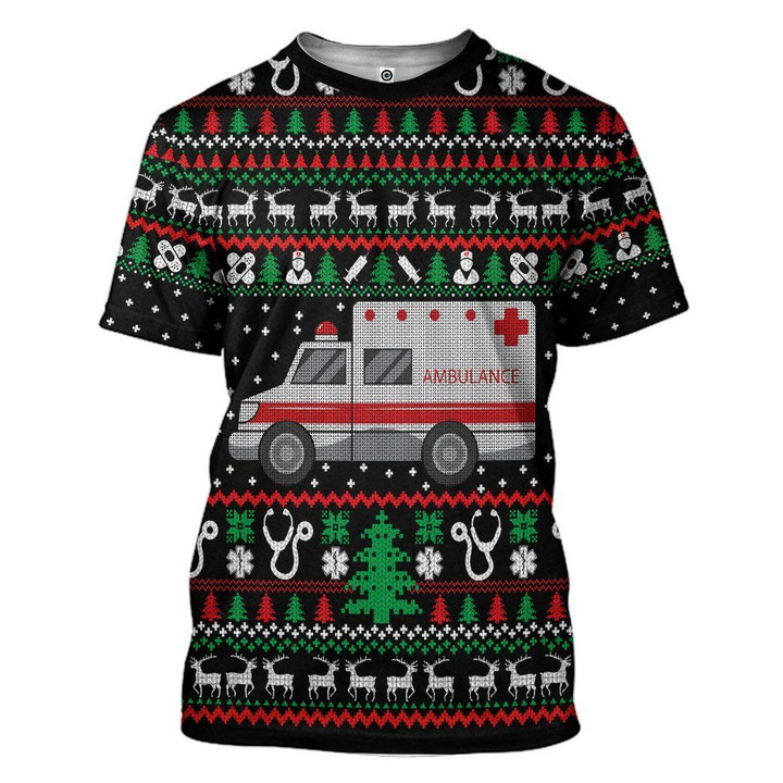 Flowermoonz 3D Paramedic Logo Ambulance Ugly Christmas Sweater Custom Tshirt Apparel