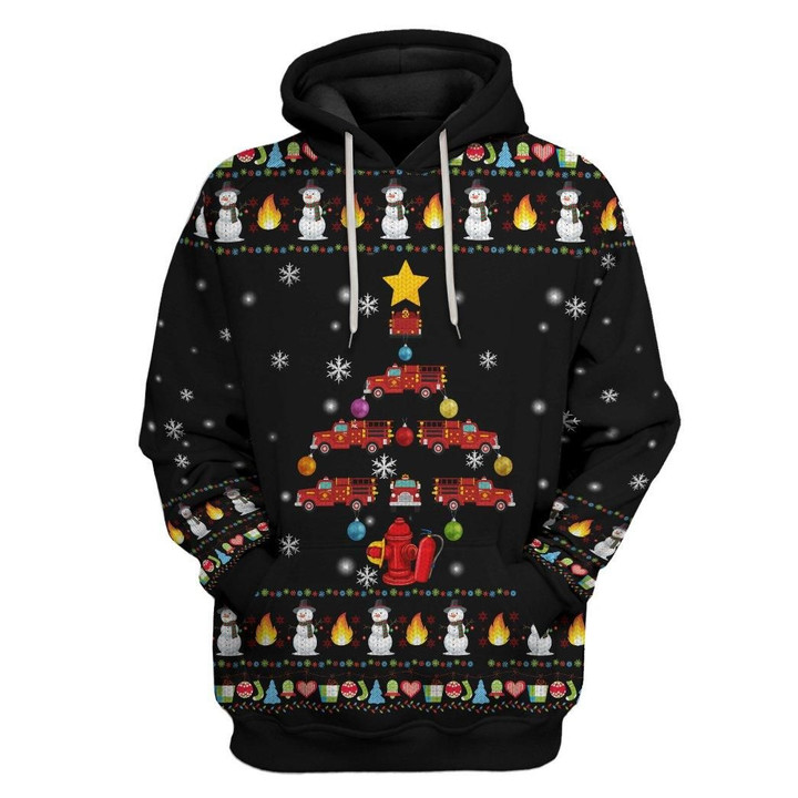 Flowermoonz 3D Firefighter Truck Tree Ugly Christmas Sweater Custom Hoodie Apparel
