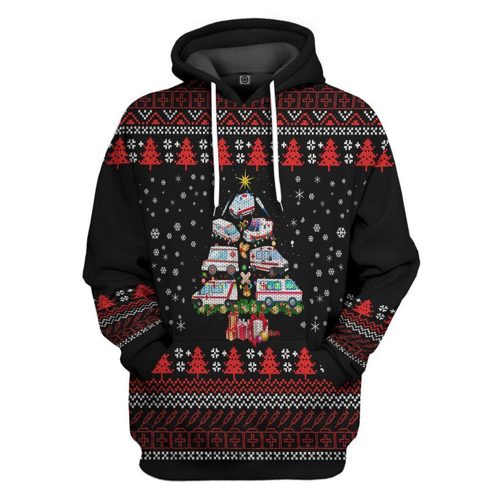 Flowermoonz 3D Paramedic Ambulance Xmas Tree Ugly Christmas Sweater Custom Hoodie Apparel