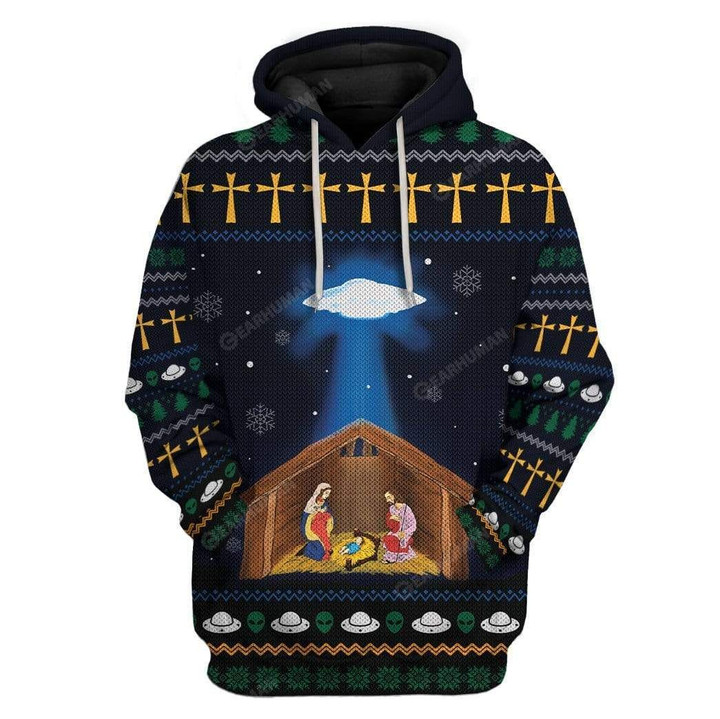 Flowermoonz Ugly Jesus Nativity With UFO Star Custom T-shirt - Hoodies Apparel