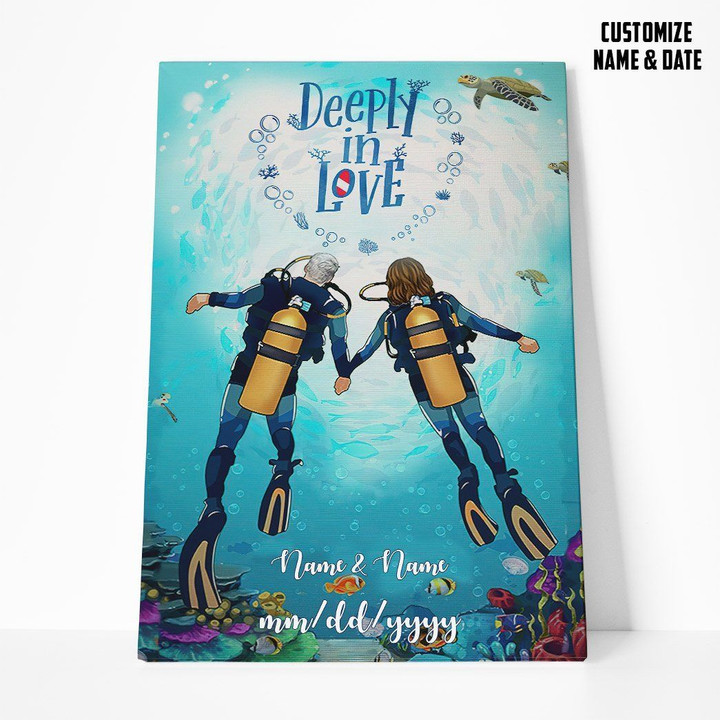Flowermoonz 3D Scuba Diving Couple Deeply In Love Custom Name Text Canvas