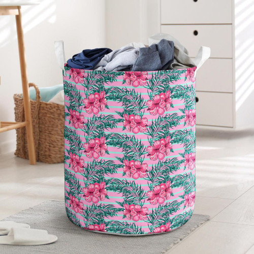 Alohawaii Accesory - Hawaii Tropical Flowers Palm Leaves Hibiscus Strips Hawaii Laundry Basket - AH - J4