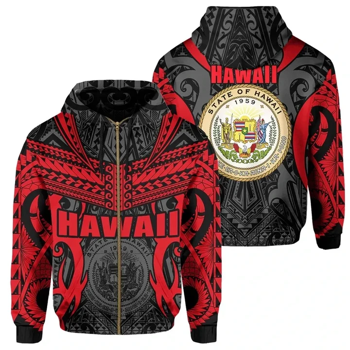 Alohawaii Clothing, Zip Hoodie Hawaii Polynesian Tribal Coat Of Arms , Red, Mark Style | Alohawaii.co