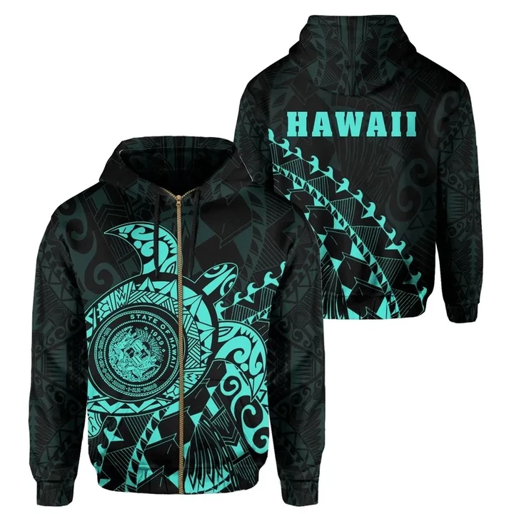 Alohawaii Clothing, Zip Hoodie Hawaii Coat Of Arms ( Turquoise ), Turtle Style | Alohawaii.co