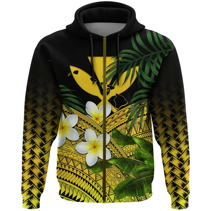 Alohawaii Clothing, Zip Hoodie Kanaka Maoli (Hawaiian) , Polynesian Plumeria Banana Leaves Yellow | Alohawaii.co