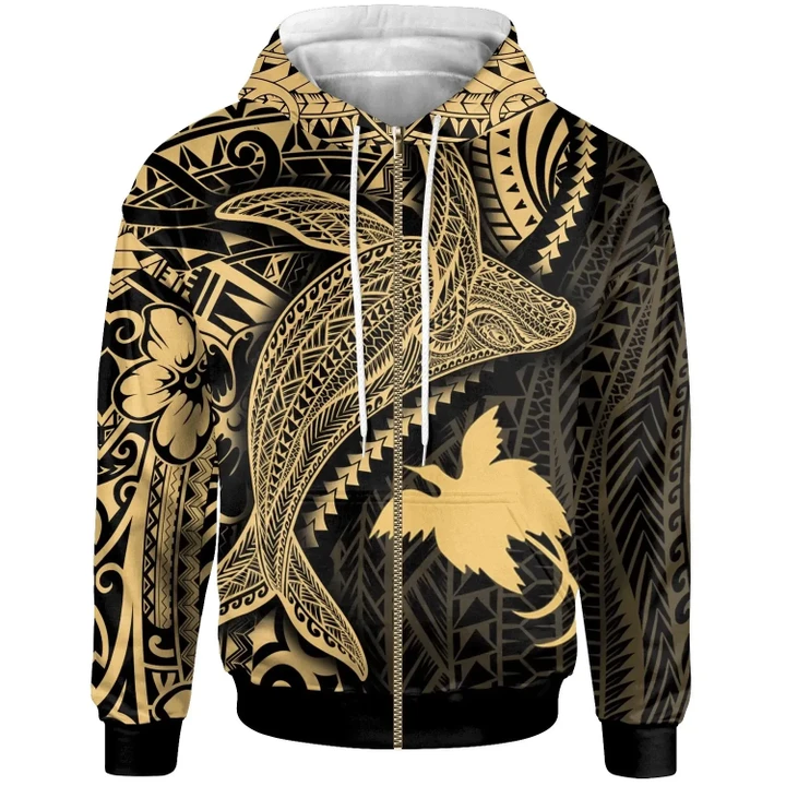 Alohawaii Clothing, Zip Hoodie Papua New Guinea, Humpback Whale & Coat of Arms Gold | Alohawaii.co