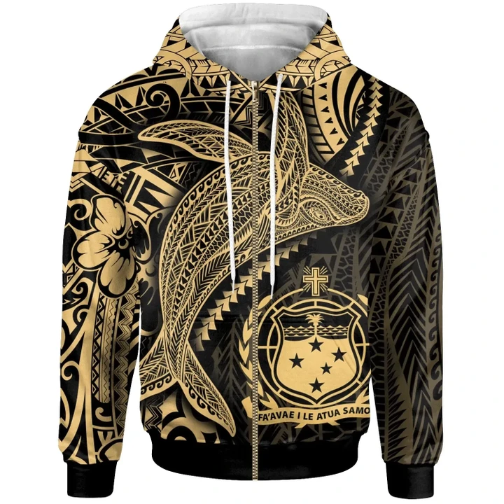 Alohawaii Clothing, Zip Hoodie Samoa, Humpback Whale & Coat of Arms Gold | Alohawaii.co