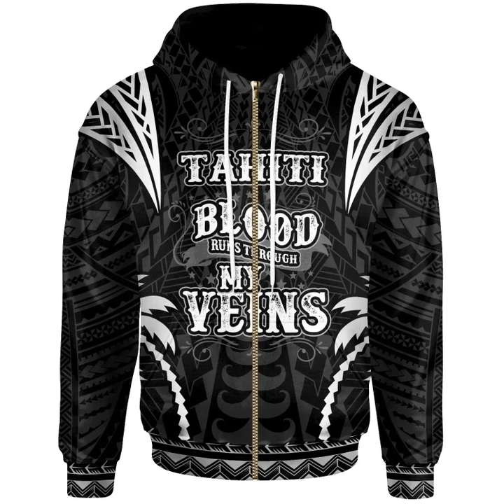 Alohawaii Clothing, Zip Hoodie Tahiti, Blood Runs Through My Veins Style Black | Alohawaii.co