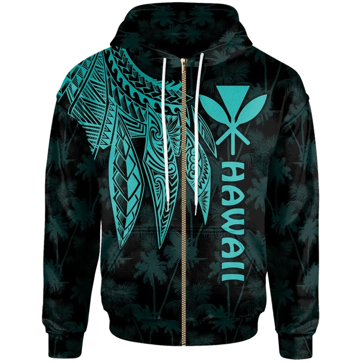 Alohawaii Clothing, Zip Hoodie Polynesian Hawaii Kanaka Maoli, Polynesian Wings (Turquoise) | Alohawaii.co