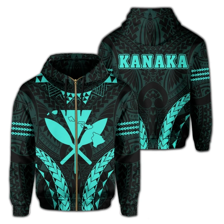 Alohawaii Clothing, Zip Hoodie Polynesian Kakau Kanaka Map Hawaii, Sport Style Version 2.0, Turquoise | Alohawaii.co