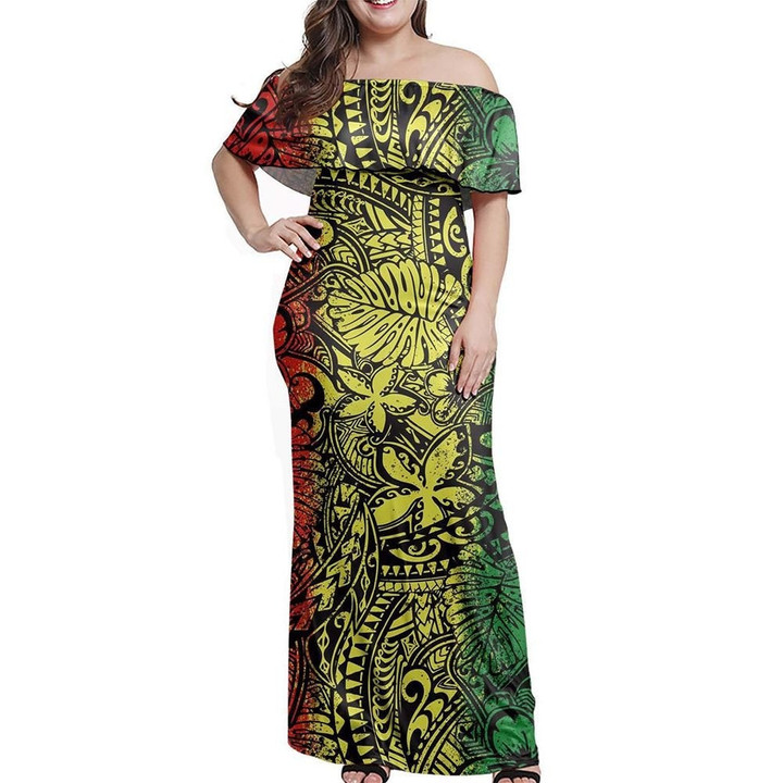 Alohawaii Dress - Polynesian Flower Grunge Reggae Off Shoulder Long Dress