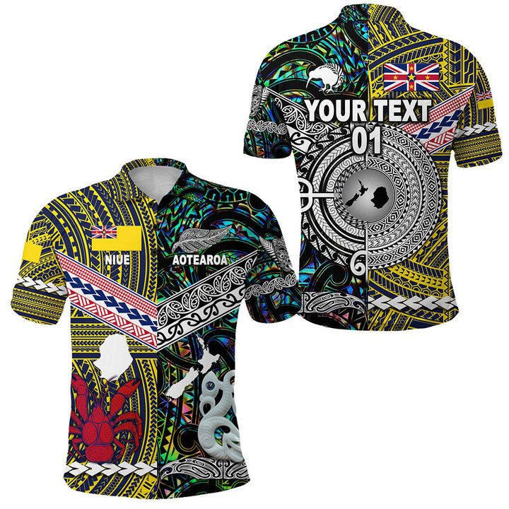 (Custom Personalised) New Zealand Maori Aotearoa And Niue Together Polo Shirt - Paua Shell, Custom Text And Number