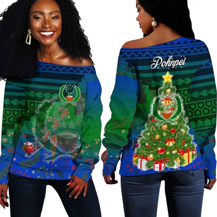 Alohawaii Clothing - Pohnpei Christmas Style Polynesian Women's Off Shoulder Sweater A94