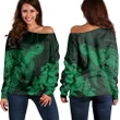 Hawaiian Hibiscus Memory Turtle Polynesian Women's Off Shoulder Sweater Green - AH - JR