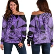 Hawaii Turtle Women's Off Shoulder Sweater Polynesian Hibiscus Art Ver 2.0 Violet - AH - JR