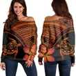 Hawaiian Turtle Plumeria Kakau Polynesian Quilt Women's Off Shoulder Sweater Neo Orange AH - J0R
