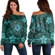 Hawaii Mix Polynesian Turtle Plumeria Women's Off Shoulder Sweater - AH - Nick Style - Turquoise - J5R