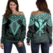 Alohawaii Sweater - Hawaii Polynesian Limited Women's Off Shoulder Sweater - Tab Style Turquoise - AH - J4