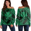 Hawaiian Map Kanaka Hibiscus Green Polynesian Women's Off Shoulder Sweater - AH - JR