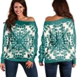 Hawaiian Palm Tree Quilt Tradition Turquoise Women's Off Shoulder Sweater - AH - JR