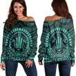 Hawaiian Kakau Honu Arc Polynesian Turquoise Women's Off Shoulder Sweater - AH - JGR