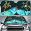 Alohawaii Car Accessory - Hawaii Map Turtle Hibiscus Polynesian Luxury Car Sun Shade - Honu Ohana - Green