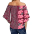 Hawaii Hibiscus Flower Polynesian Women's Off Shoulder Wrap Waist Top - Curtis Style - Pink - AH - J2