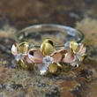 Hawaii Silver Tri-color Gold Plumeria Flower CZ Wedding Ring - AH - J7 - Alohawaii