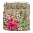 Alohawaii Bedding Set - Cover and Pillow Cases Hawaiian Hibiscus Plumeria Palm Leaves Lauhala Background Polynesian - AH - A0