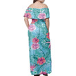Alohawaii Dress - Tropical Hibiscus Blue Off Shoulder Long Dress