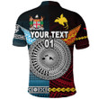 (Custom Personalised) Papua New Guinea Polynesian And Fiji Tapa Together Polo Shirt - Blue, Custom Text And Number