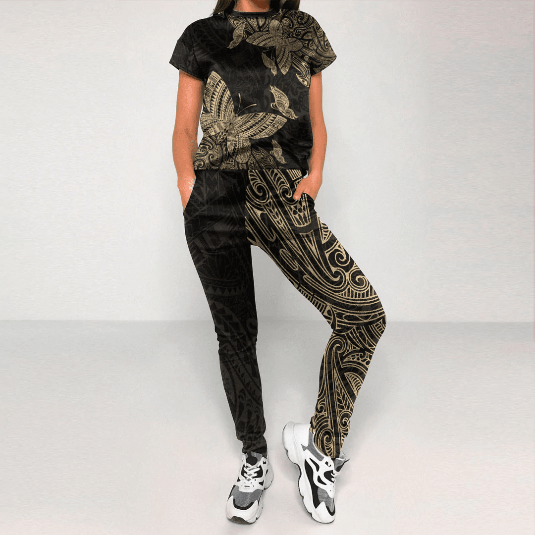 Alohawaii Clothing - Polynesian Tattoo Style Butterfly Special Version - Gold Version T-Shirt and Jogger Pants A7