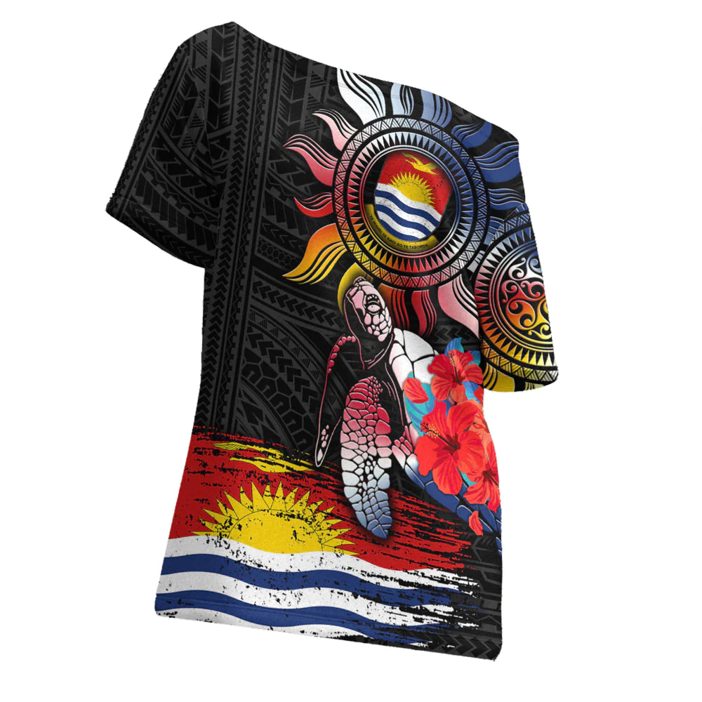 Kiribati Polynesian Sun and Turtle Tattoo Off Shoulder T-Shirt A35 | Alohawaii