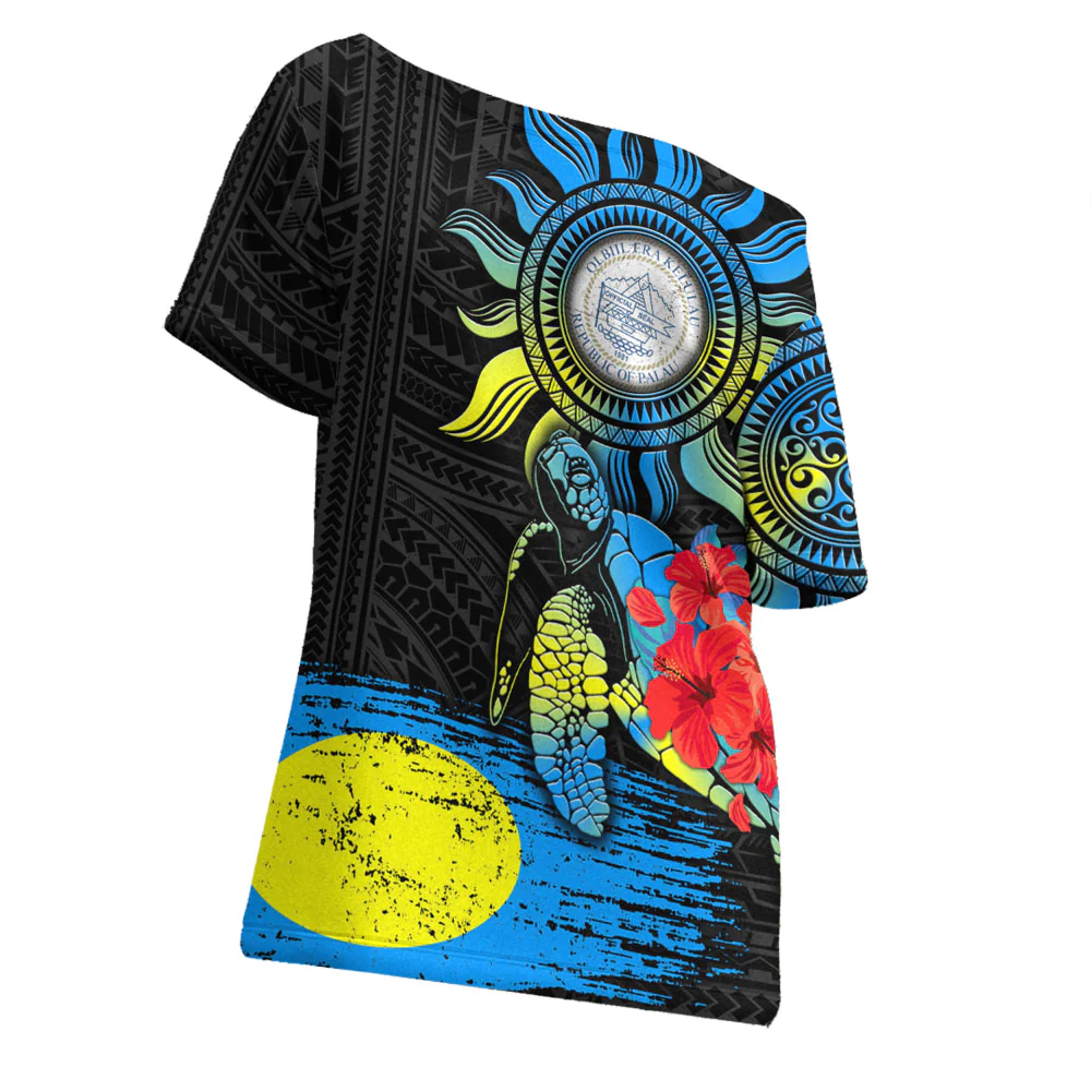 New Caledonia Polynesian Sun and Turtle Tattoo Off Shoulder T-Shirt A35 | Alohawaii
