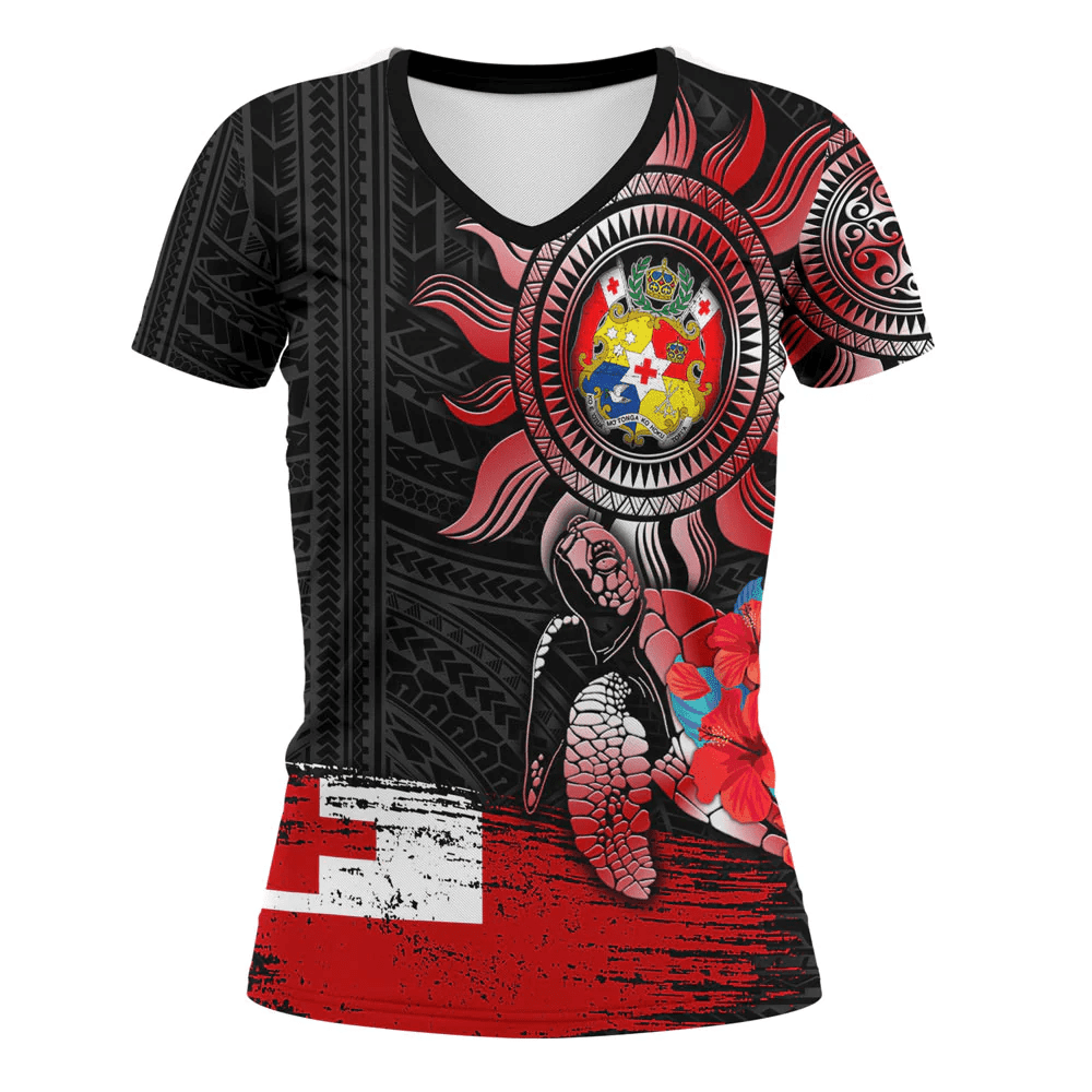 Tonga Polynesian Sun and Turtle Tattoo V-neck T-shirt A35 | Alohawaii