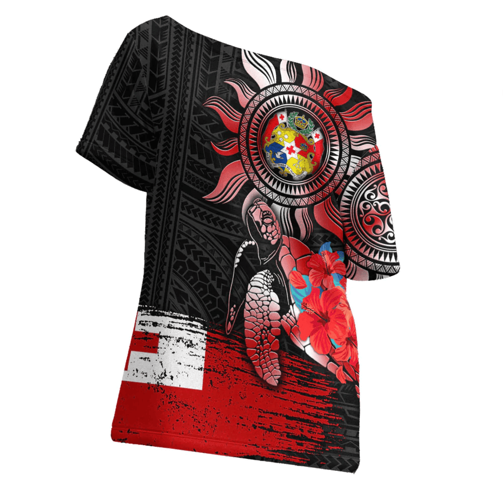 Tonga Polynesian Sun and Turtle Tattoo Off Shoulder T-Shirt A35 | Alohawaii