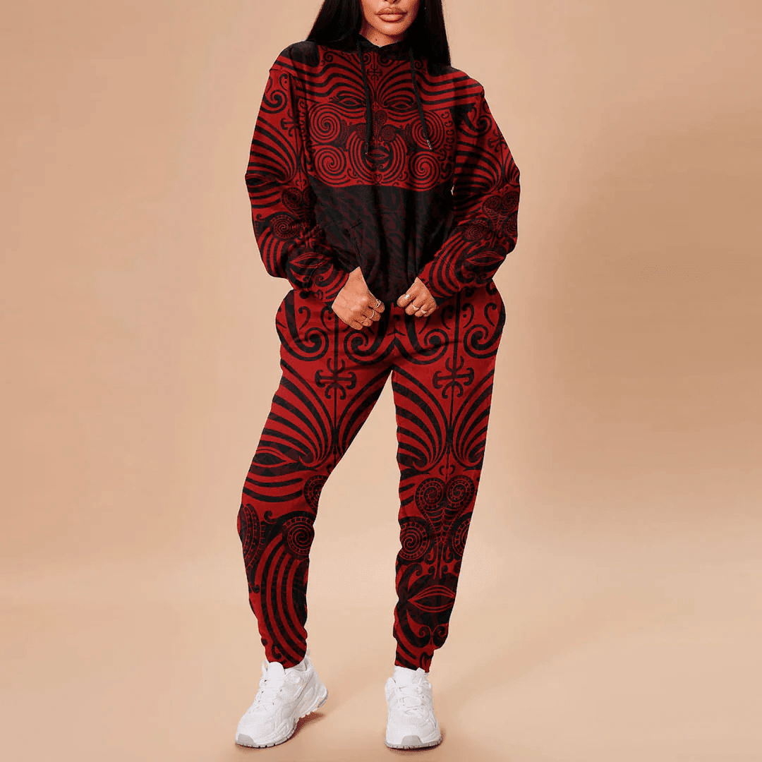 Alohawaii Clothing - Polynesian Tattoo Style Maori Traditional Mask - Red Version Hoodie and Joggers Pant A7